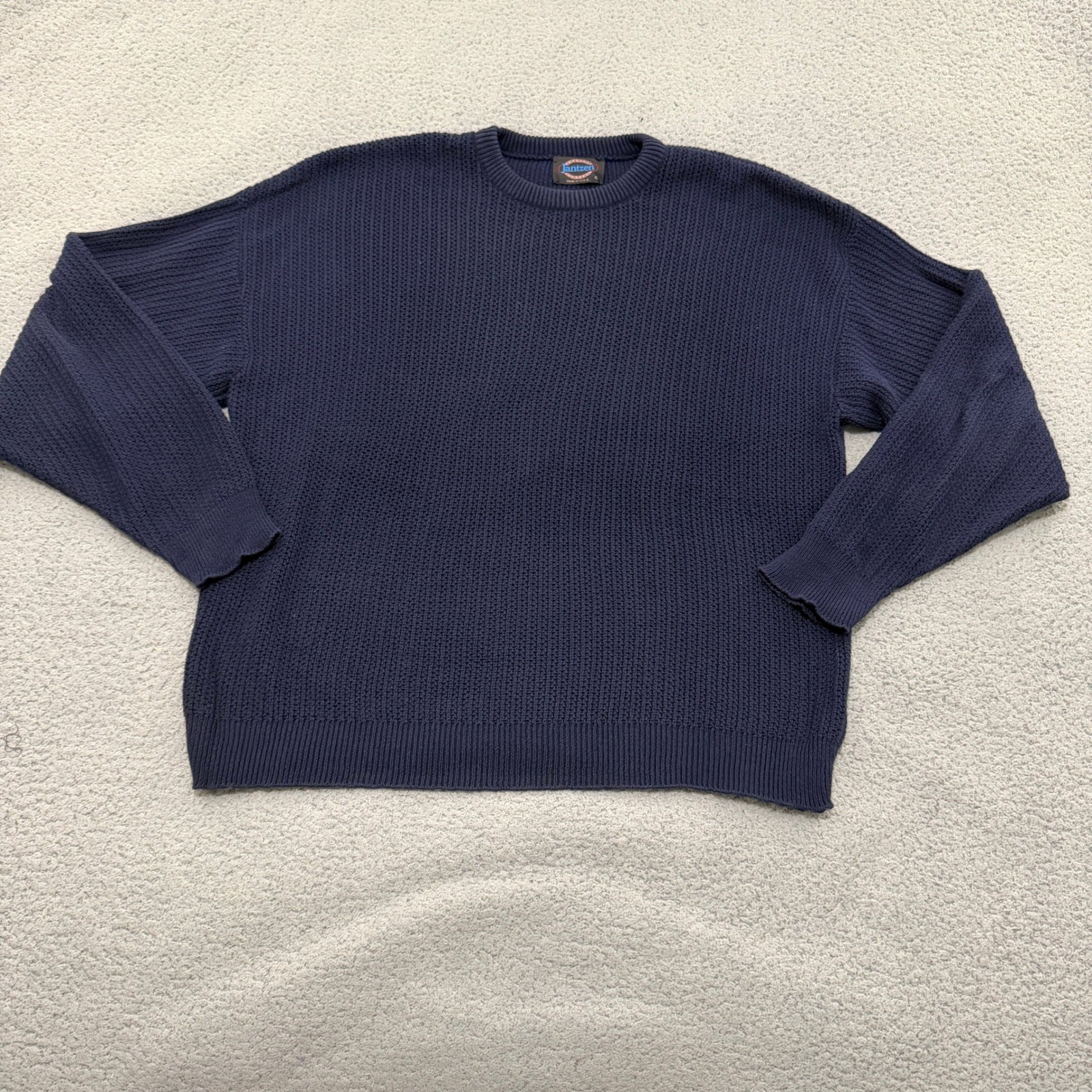 VTG Jantzen Sweater Mens XL Navy Blue Ribbed Shaker Knit Pullover USA Made