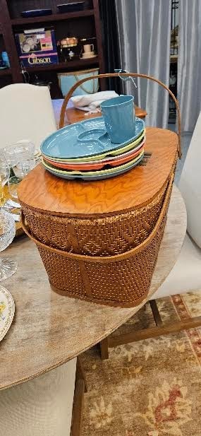 VINTAGE WOODEN PICNIC BASKET  original s.f. bay owner  1940s MINT CONDITION