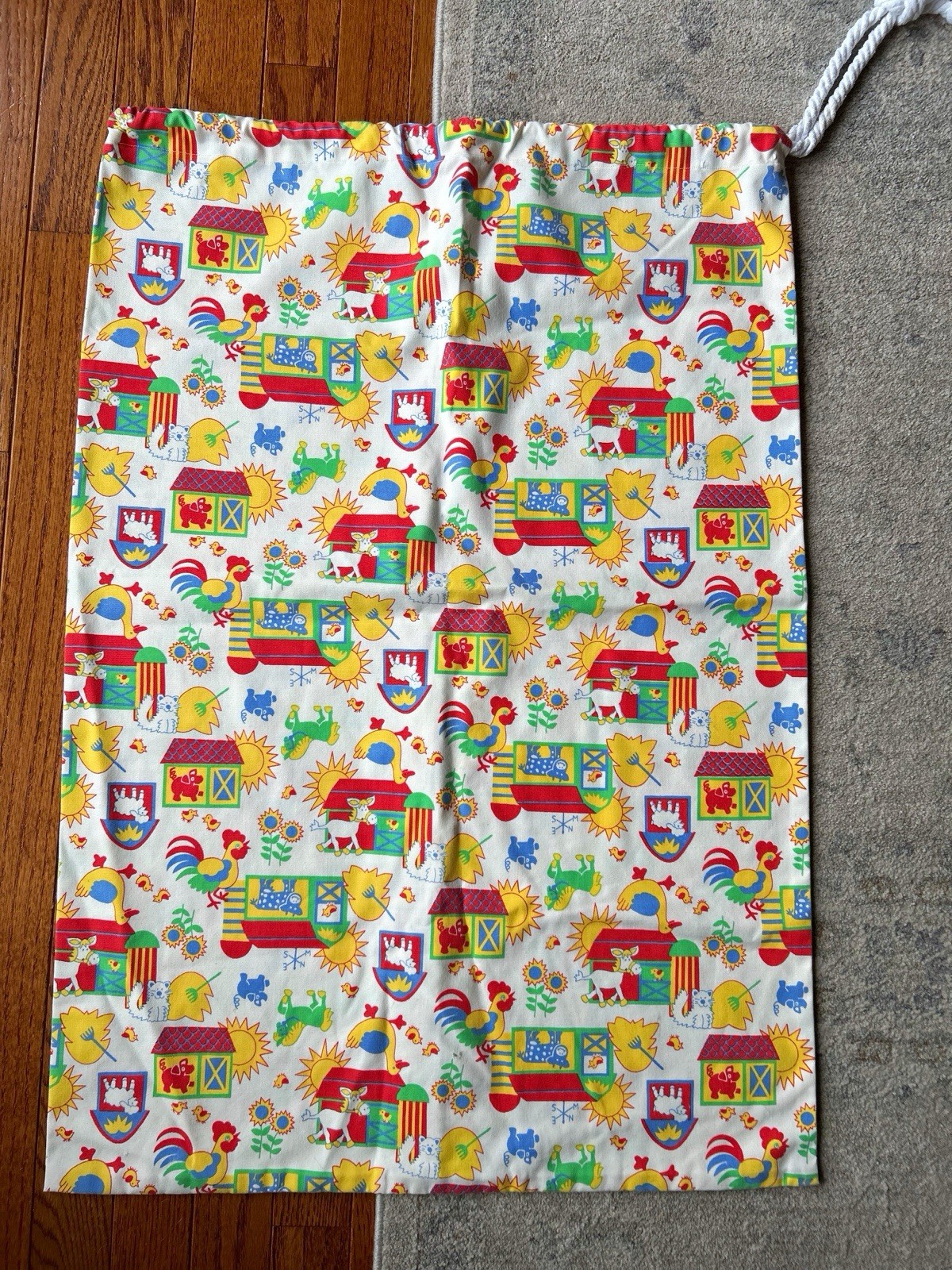 Vintage Drawstring Sack Toy Storage Bag Retro Fabric 70s/80s