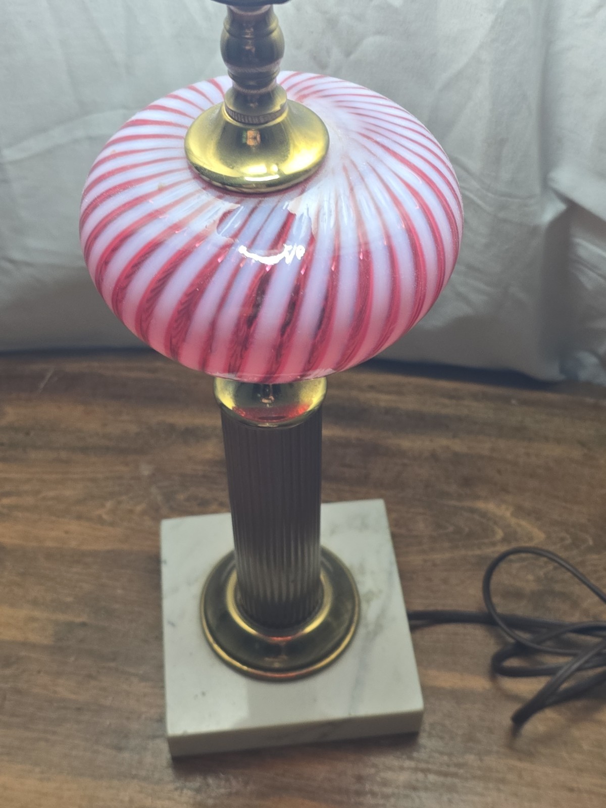 Vintage Pink & White Swirl Blown Art Glass Lamp Brass Marble 30” tall Vintage Pink & White Swirl Blown Art Glass Lamp Brass Marble 30” tall