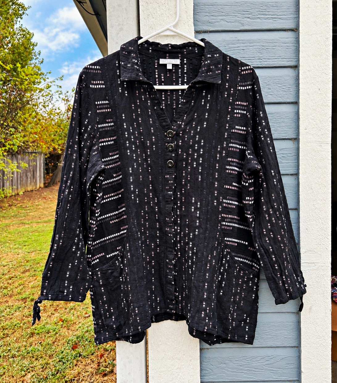 Habitat Art to Wear Tunic Top L Black Crinkle Cotton Pucker Weave Lagenlook
