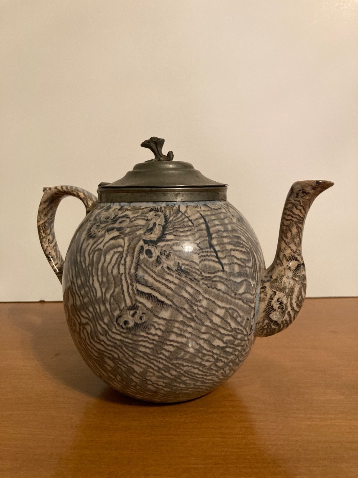 Early 19th C. Slipware Faux Bois Teapot Hinged Pewter Lid