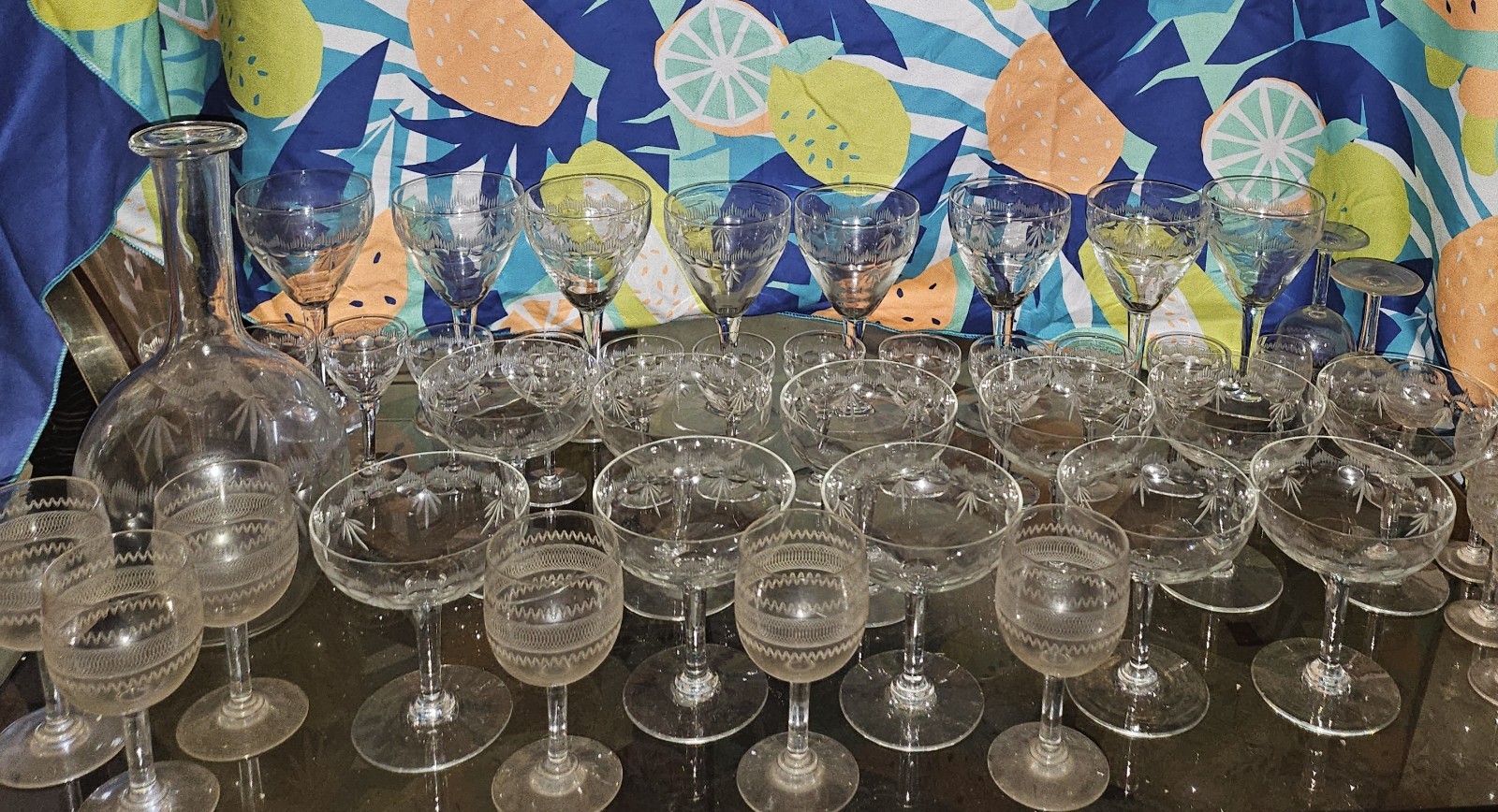 Lot of 30 Vintage Antique 19th Engraved French French Crystal Glasses Lot of 30 Vintage Antique 19th Engraved French French Crystal Glasses