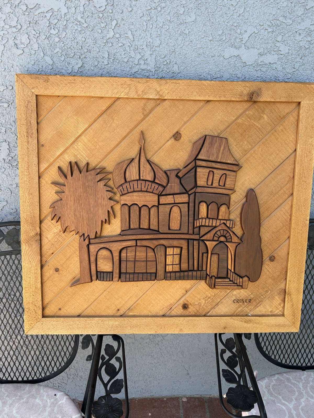 Vintage Dave Criner Assemblage of Hardwoods Intarsia House & Tree Dimensions 27”