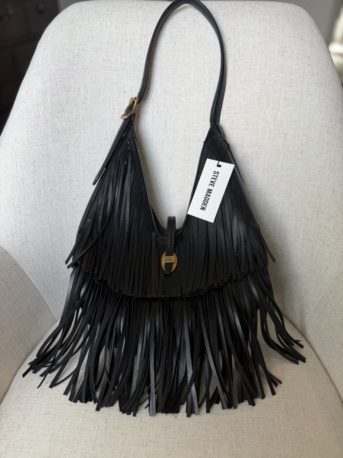 Steve Madden Black Leather Fringe Shoulder Bag- Hobo- Rodeo