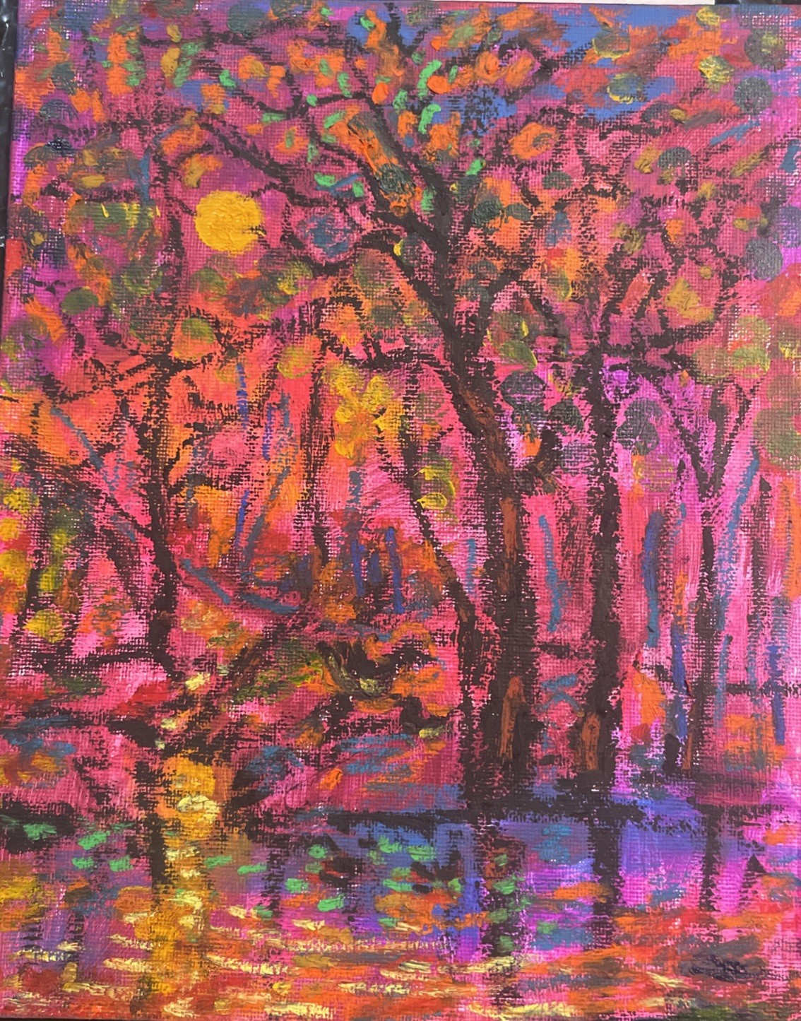 Original acrylic oil painting sunset California stream red sky yellow sun  water