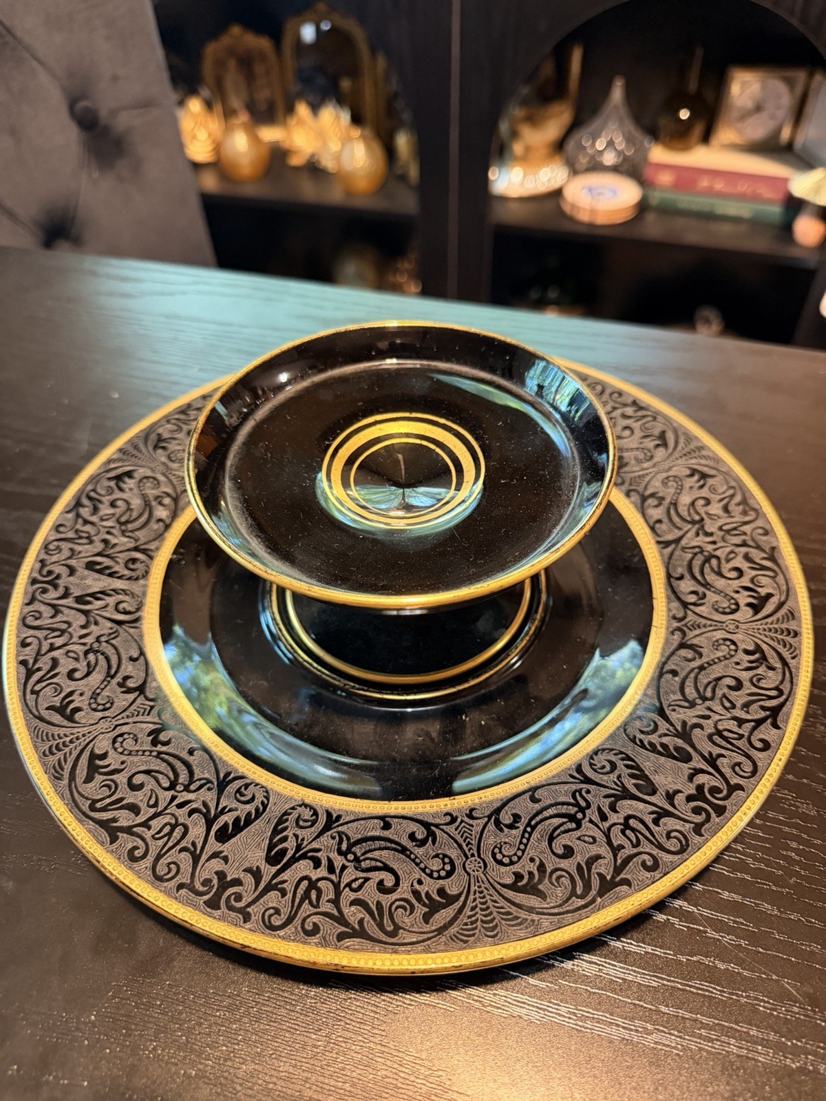 Rare Vintage Cambridge Ebony Gold “Bordero” Cheese & Cracker Set Etch 774 