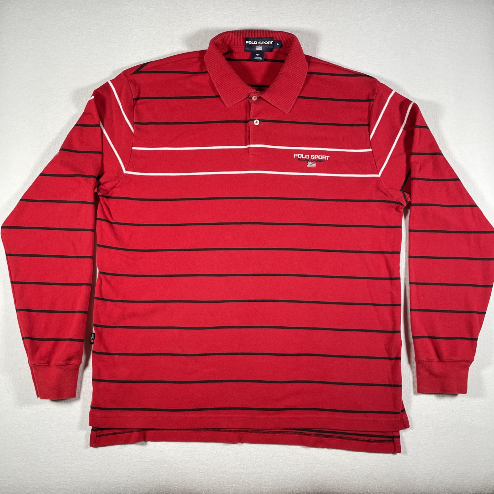 Vintage Polo Sport Ralph Lauren Polo Shirt Mens Large Red Stripe Long Sleeve Y2K
