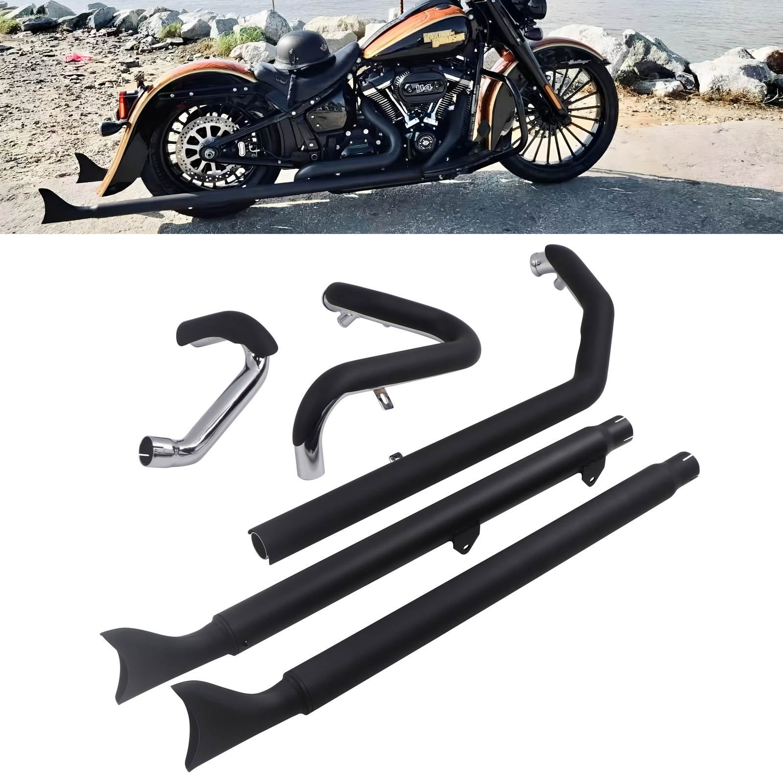 Fishtail True Dual Black Ceramic Softail Exhaust for Heritage and Deluxe 2018-up