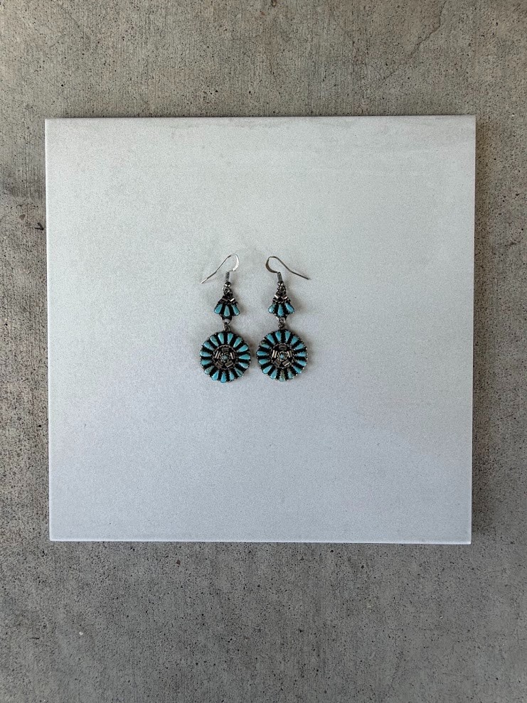 Vintage Zuni Sterling Silver Turquoise Needlepoint Earrings Signed LN