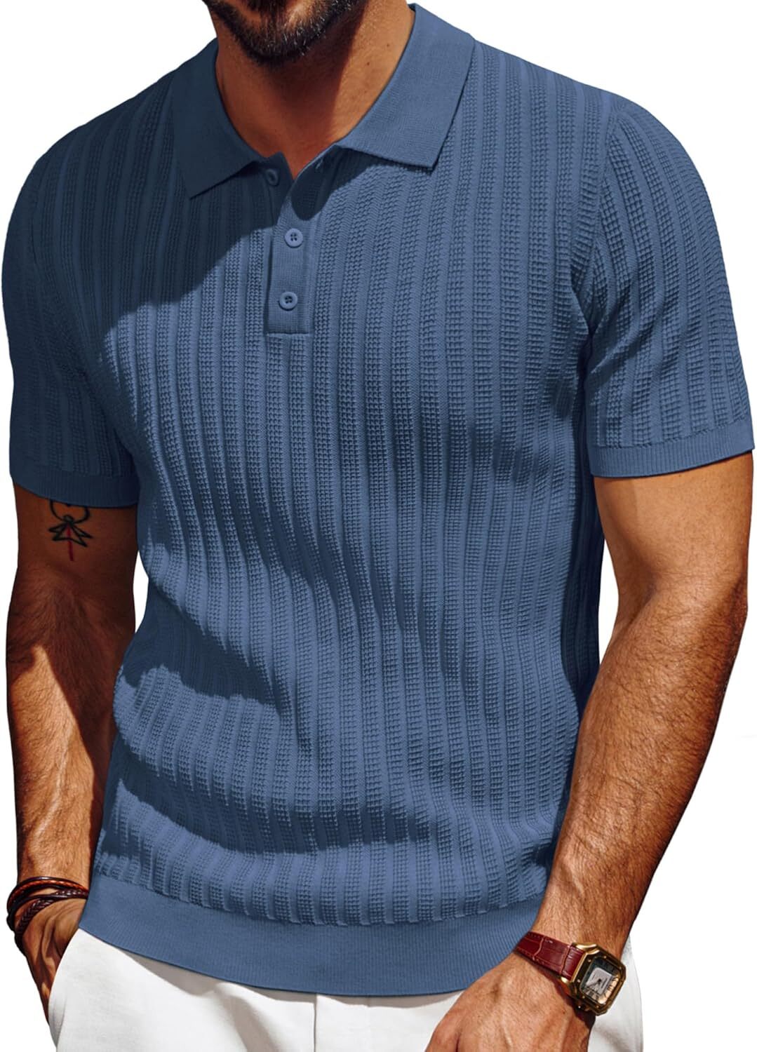 Mens Knit Polo Shirt Short Sleeve Textured Casual Summer Collared Tee Breathable