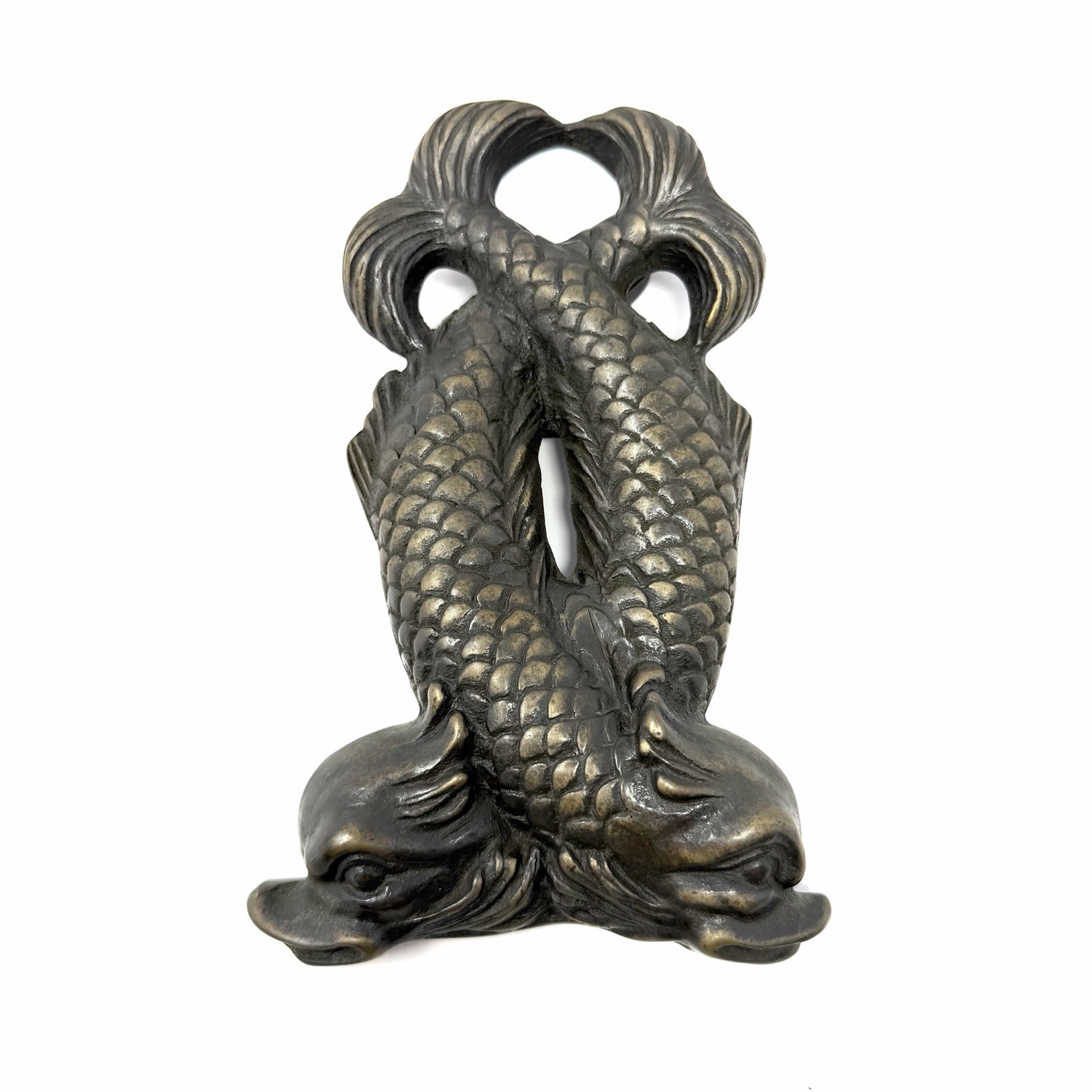 Vintage Bronze Double Dolphin Door Knocker Nautical Koi Fish Twisted Tail Heavy