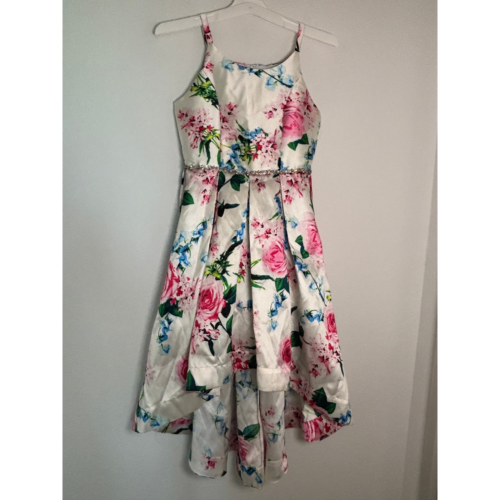Speechless Kids Girls 14 Floral High-Low Dress Rhinestone Waist Pink White New