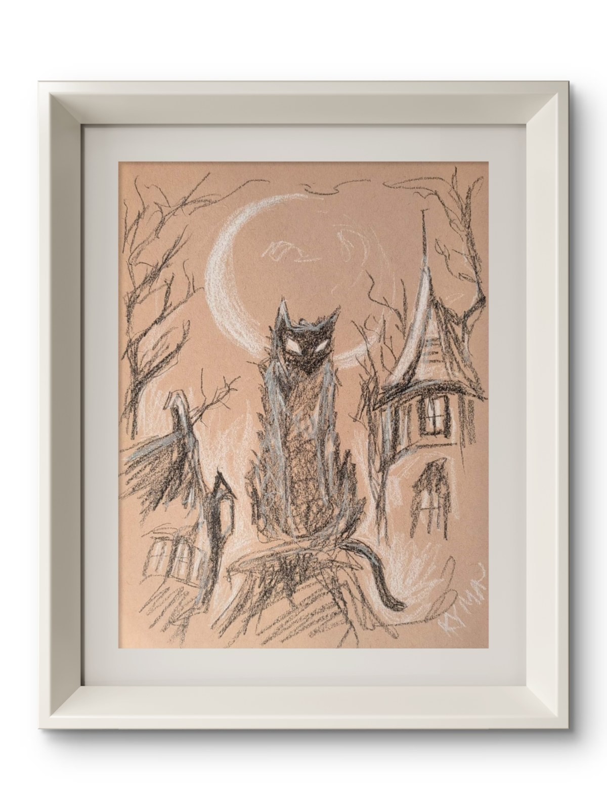 KYMA Original 9x12 Expressionist Cat Haunted House Sketch Signed Art On Paper