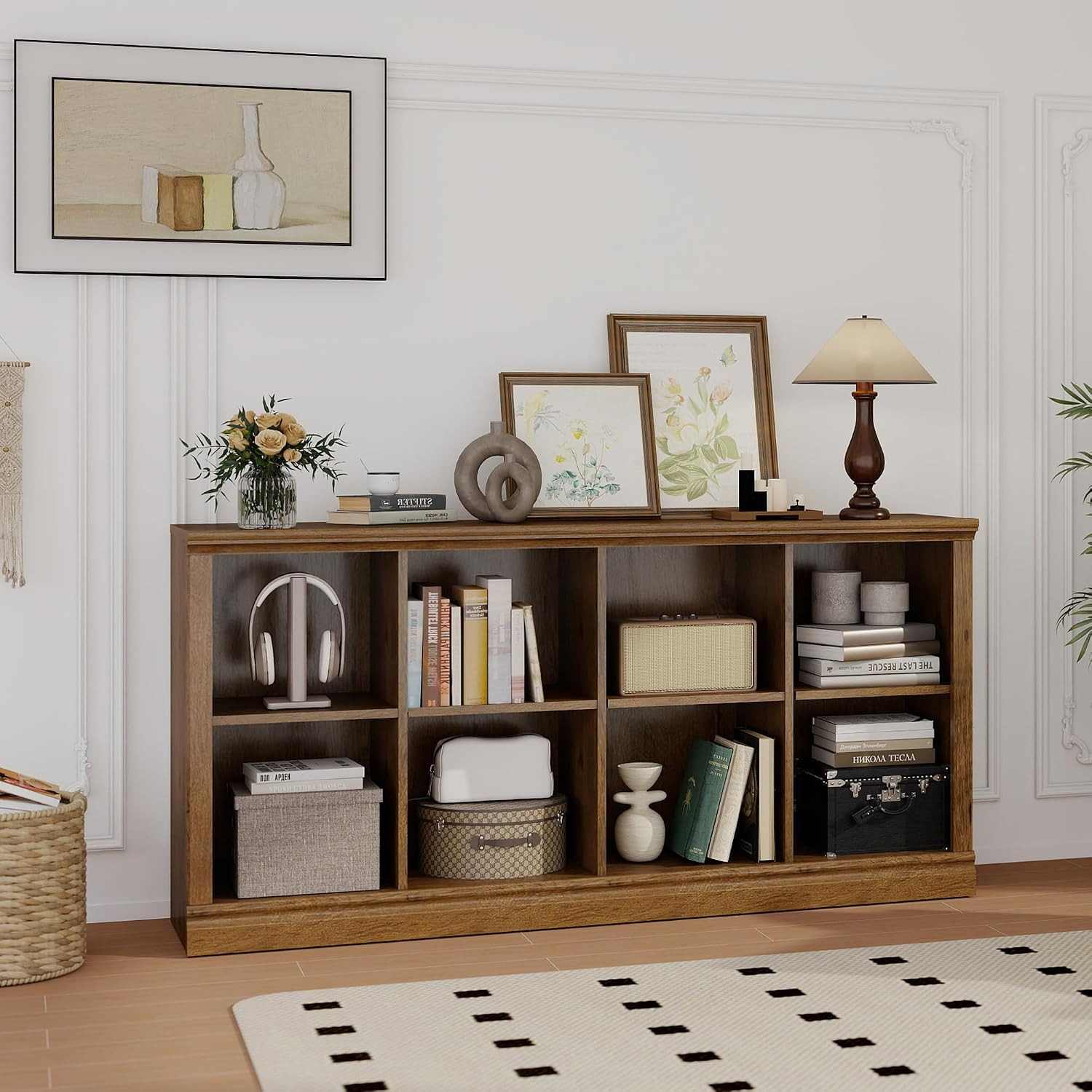 8-Cube Storage Organizer, Vintage Oak Wood Bookshelf with Open Shelf, Modern Boo