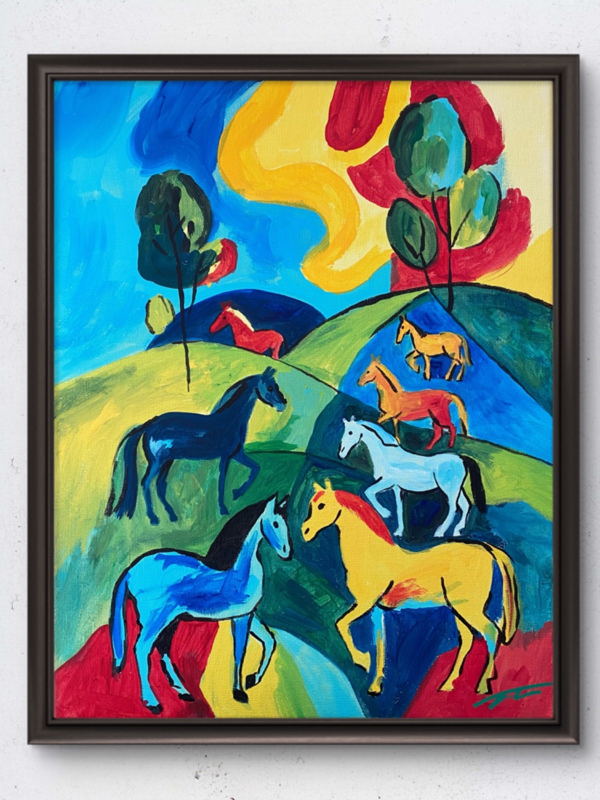 Fauvism Colorful Horses In Meadow Acrylic  Original Art 14x11 Canvas