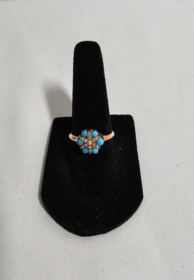 Antique Victorian Style Turquoise & Pearl Floral Ring 6 Gold Non Marked
