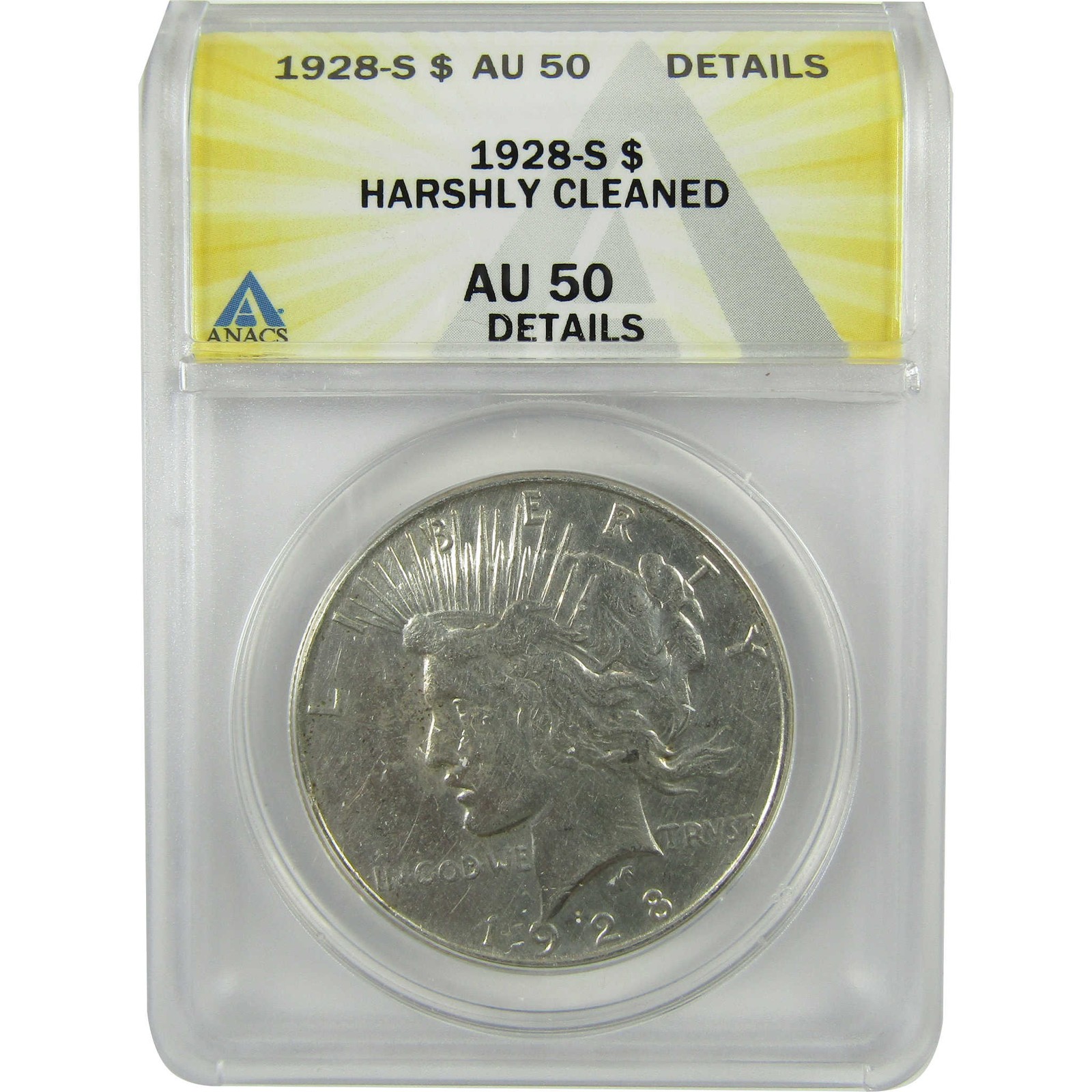 1928 S Peace Silver Dollar AU 50 Details ANACS $1 Coin SKU:I28559