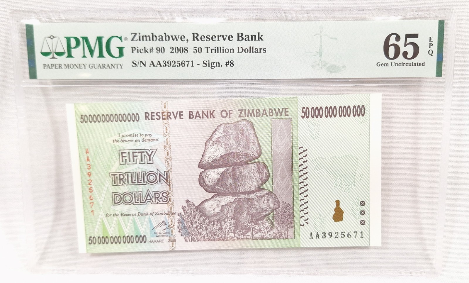 2008 Zimbabwe Reserve Bank 50 Trillion Dollars Uncirculated PMG 65EPQ Pick# 90