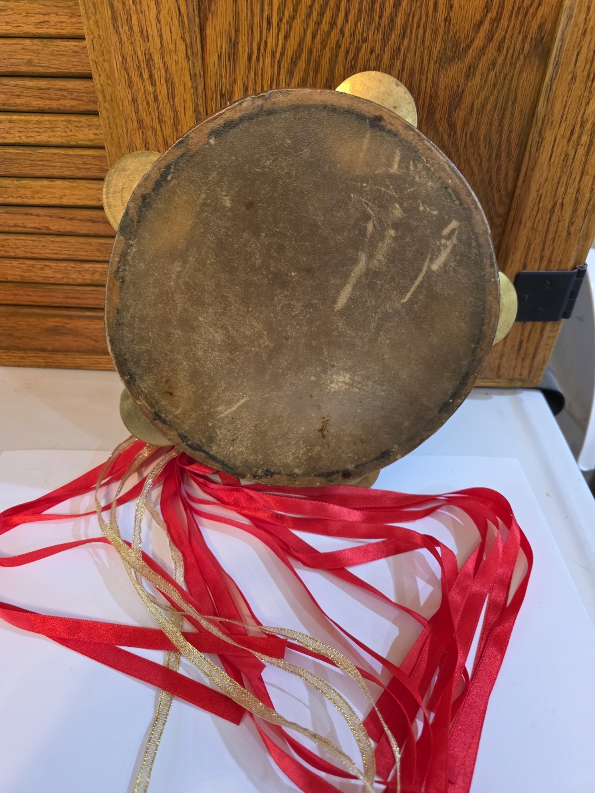 Vintage Handcrafted Egyptian Riq Tambourine with Geometric Inlay and Brass Cymba