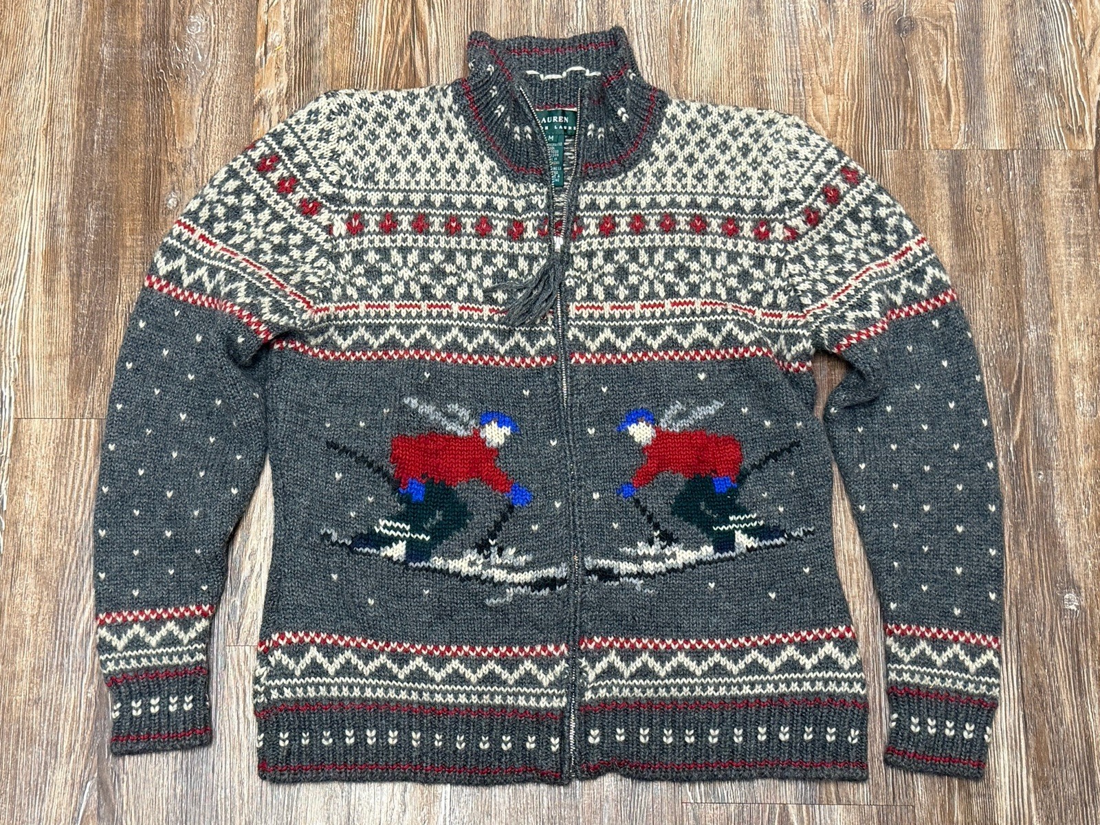 Vtg Lauren Ralph Lauren Womens Worsted Wool Apes Ski Gray Zip-Front Sweater M