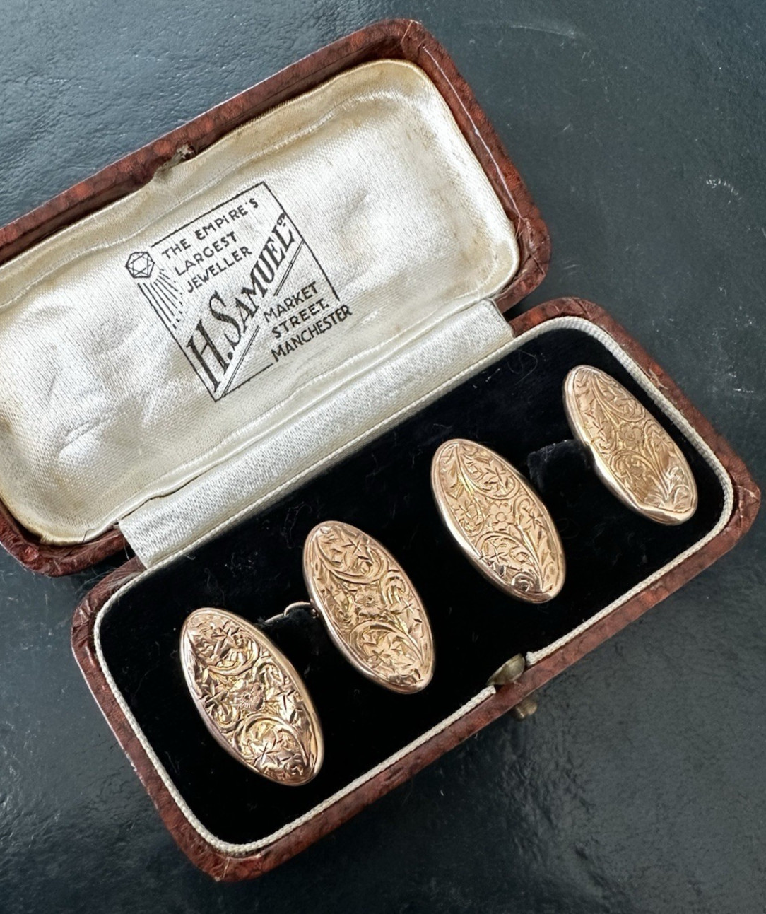 Boxed Antique Edwardian 9K Rose Gold Engraved Chain Cufflinks | Birmingham 1912