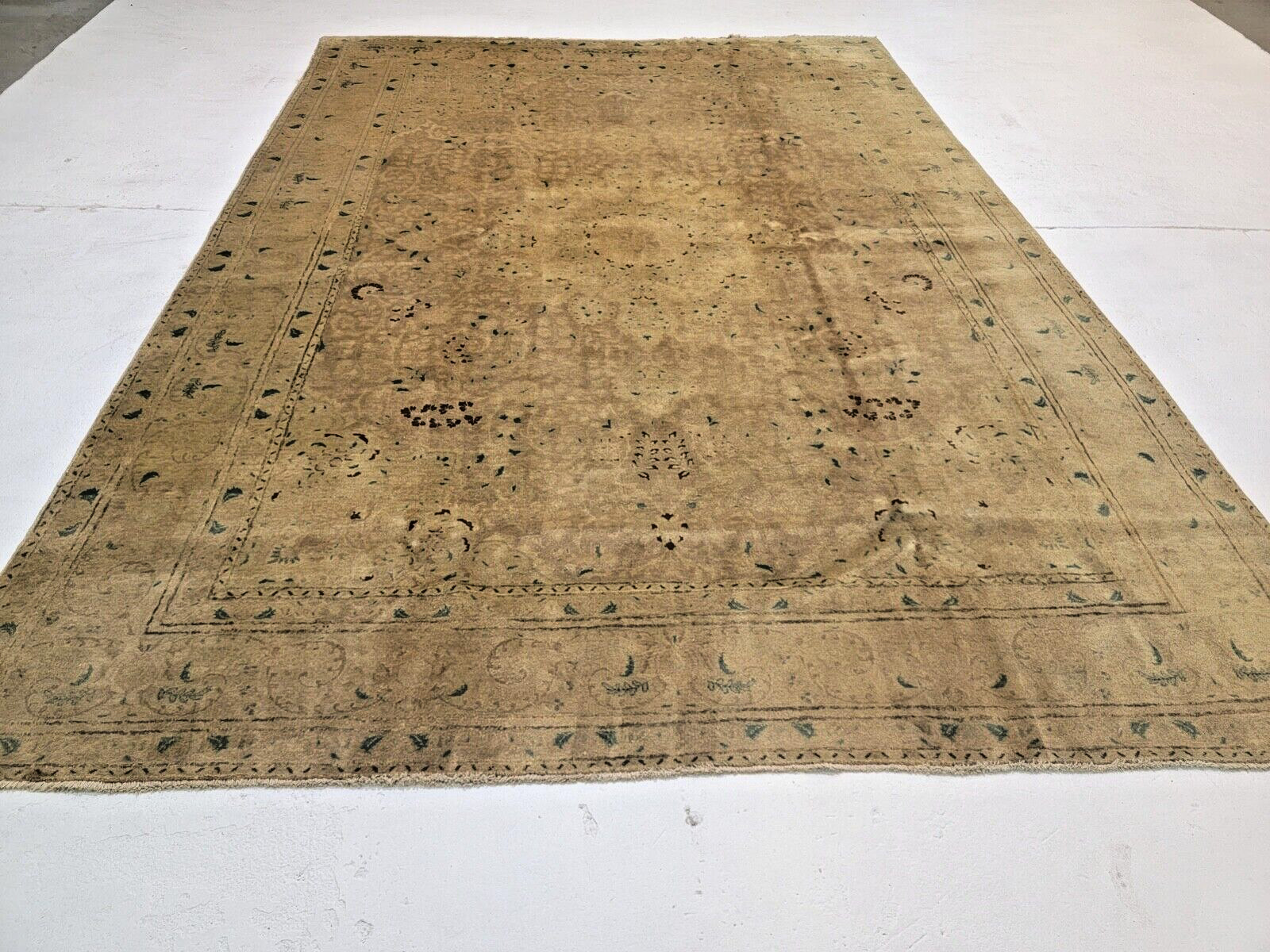 Antique Oriental Hand-Knotted Wool Area Rug Beige Tea Washed 8'3