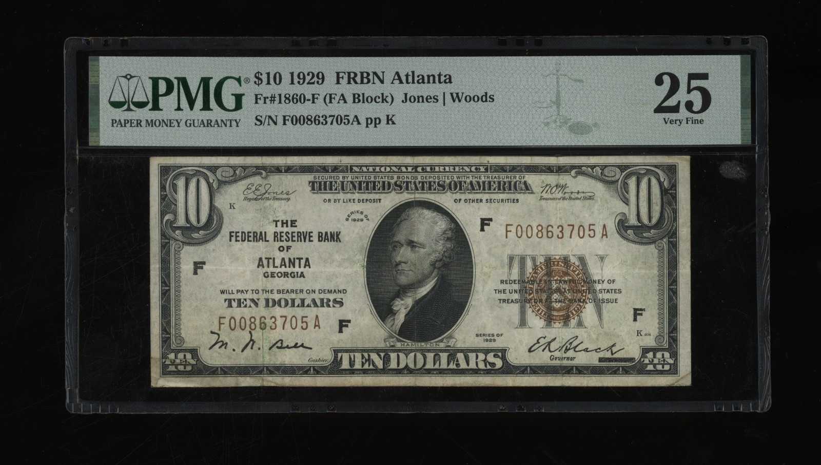 DBR 1929 $10 FRBN Atlanta Fr. 1860-F PMG 25 Serial F00863705A