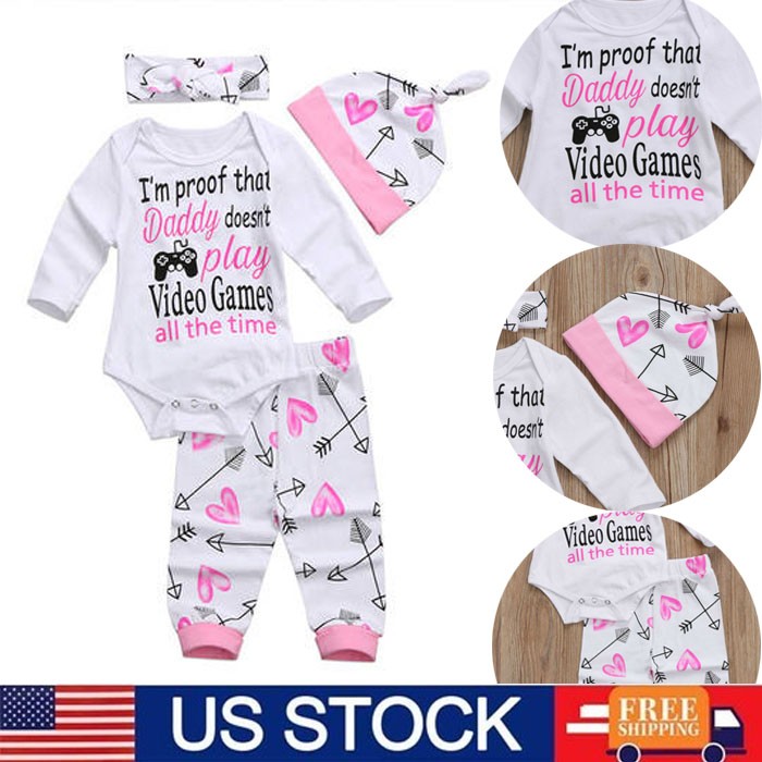 Newborn Baby Girls Outfit Long Sleeve Romper Tops+Pants+ Headband Sets Clothes