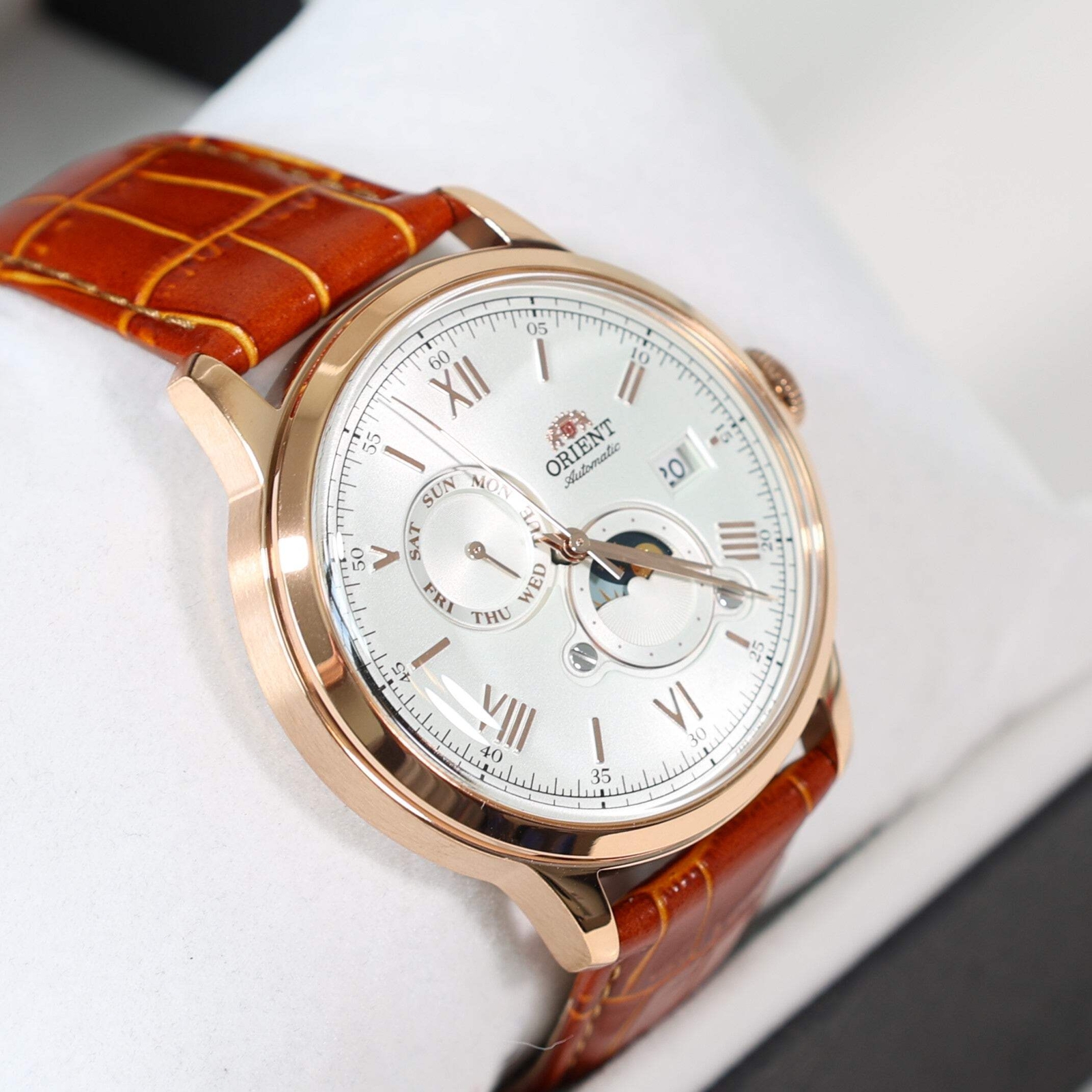 Orient Sun and Moon White Dial Men's Automatic Rose Gold Tone Watch RA-AK0801S30