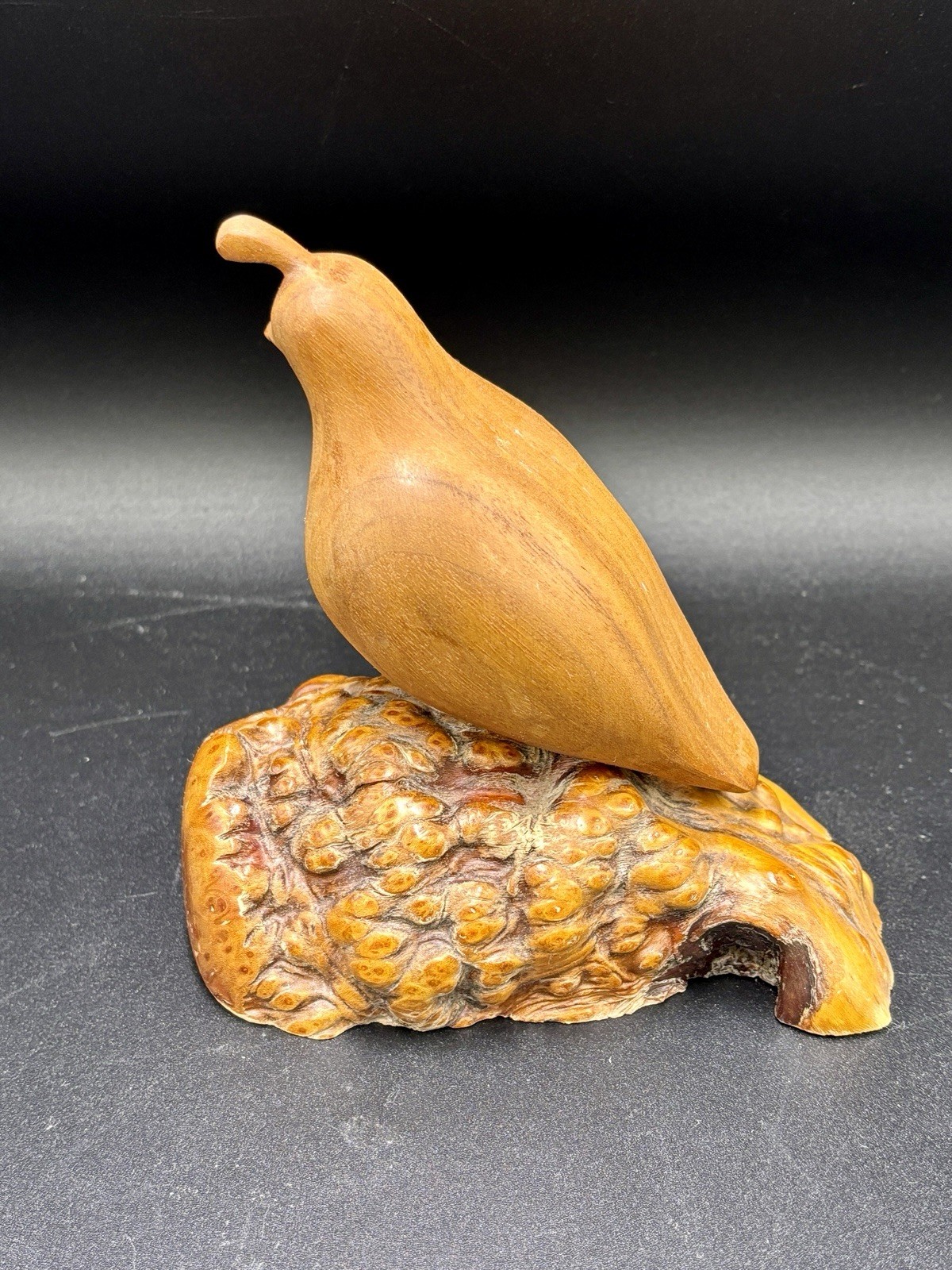 VTG Hand Carved Wooden Quail Bird Sculpture Manzanita Burl Base Original Label VTG Hand Carved Wooden Quail Bird Sculpture Manzanita Burl Base Original Label