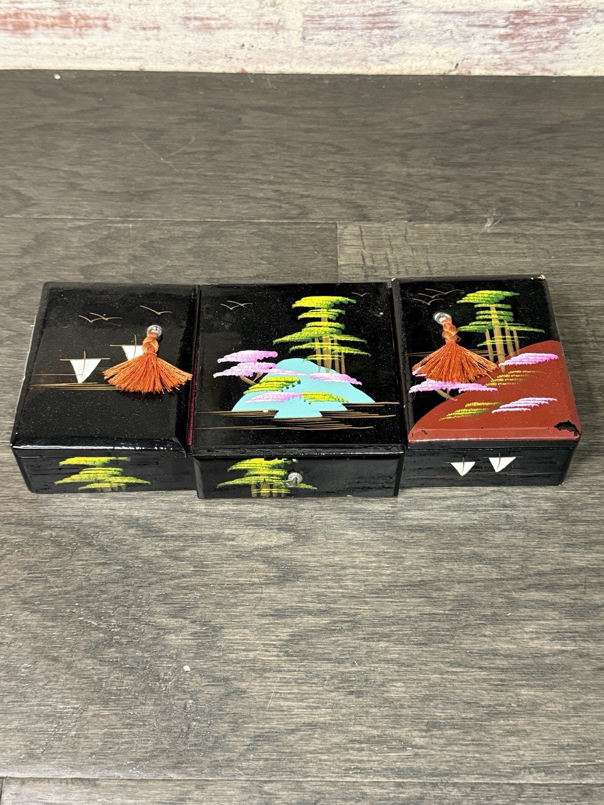 Vintage Japanese Black Lacquer Jewelry Box Pink Interior Pagoda Design Drawer Vintage Japanese Black Lacquer Jewelry Box Pink Interior Pagoda Design Drawer