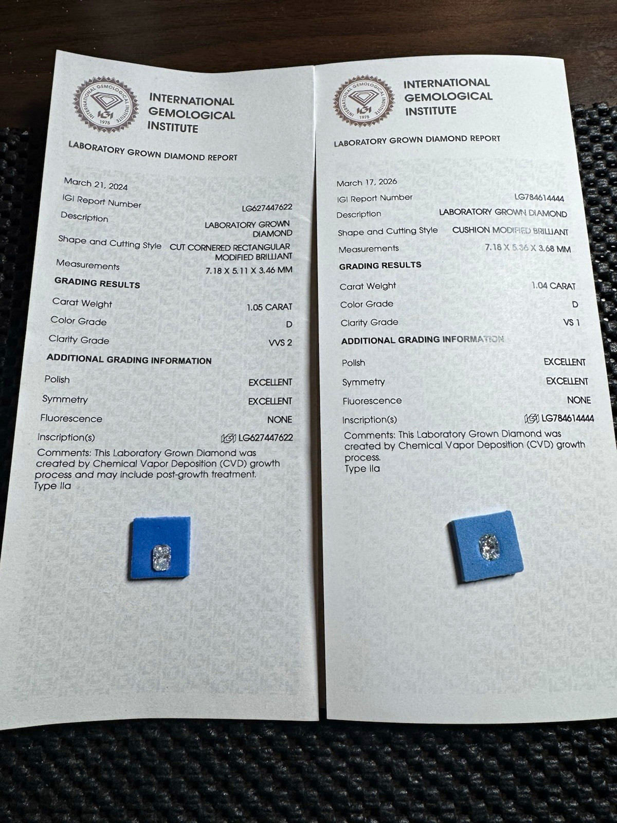 IGI Certified Lab-Created Diamond 2pc 1.05ct/1.04ct D VVS2/VS1 Ex Cushion IGI Certified Lab-Created Diamond 2pc 1.05ct/1.04ct D VVS2/VS1 Ex Cushion