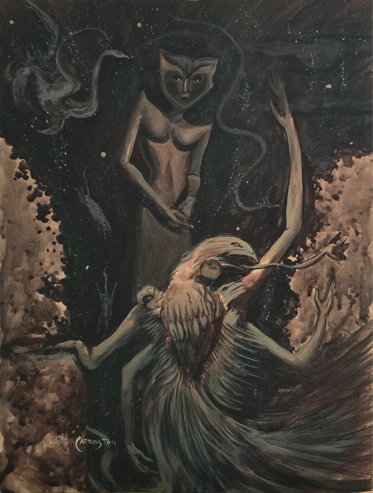 In the style of Leonora Carrington ink on cardboard, vintage, rare,