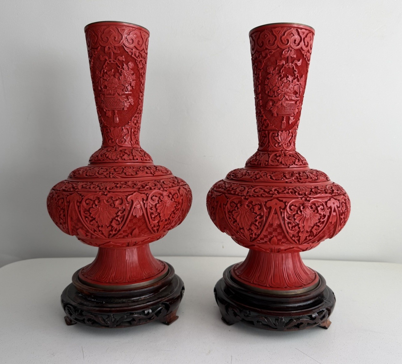 Vintage Pair of Hand Carved Floral Cinnabar Large Vases Blue Enamel