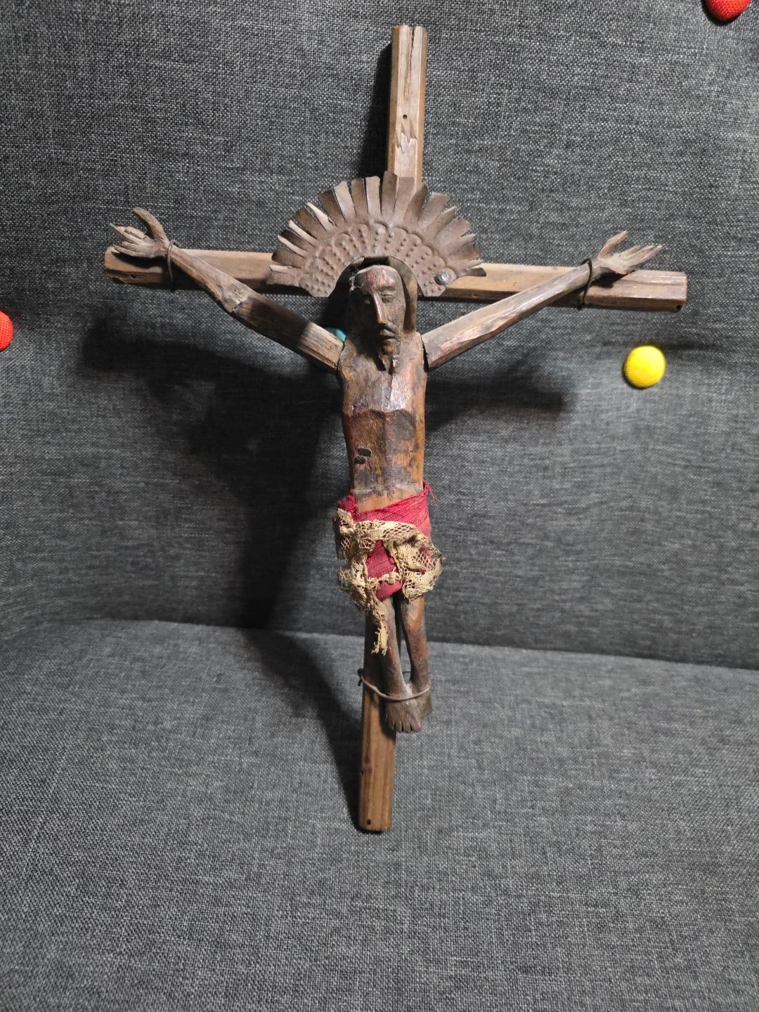 Antique Folk Art Crucifix Hand Carved Wood Jesus Punched Metal Halo Primitive 12