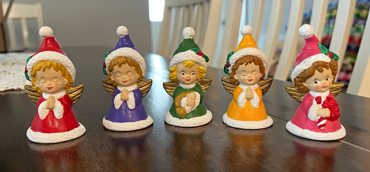 Hand Painted Ceramic Vintage Christmas Angel Figurines Set of 5 Hand Painted Ceramic Vintage Christmas Angel Figurines Set of 5