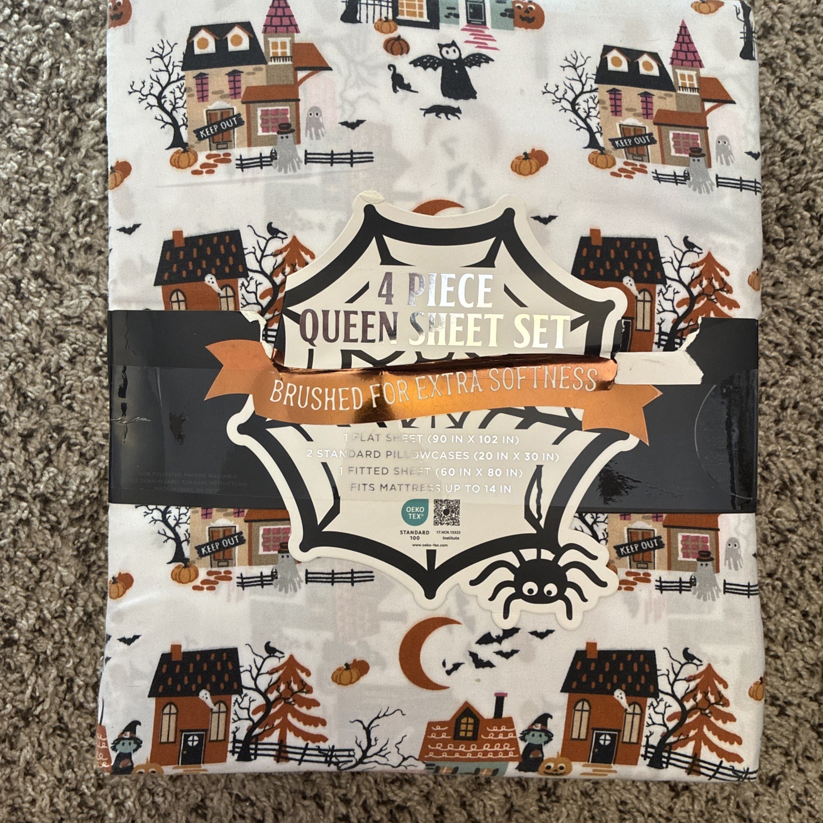 Envogue Queen Size Sheet Set Halloween Town Spooky Haunted Houses Village