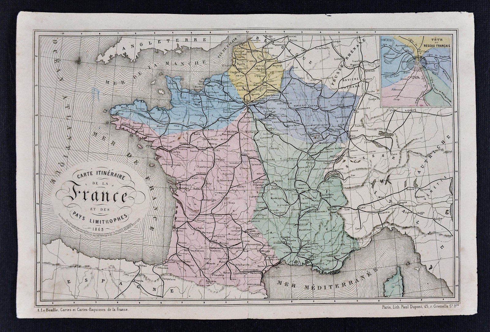 1865 Le Bealle Map - France Roads - Paris Plan Marseilles Bordeaux Lyon Tour de