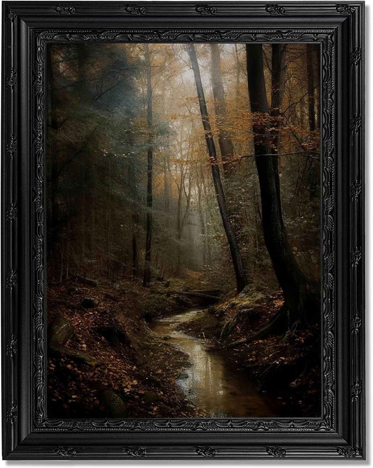Dark Moody Forest Stream Framed Wall Art, Moody Aesthetic Landscape Canvas Print