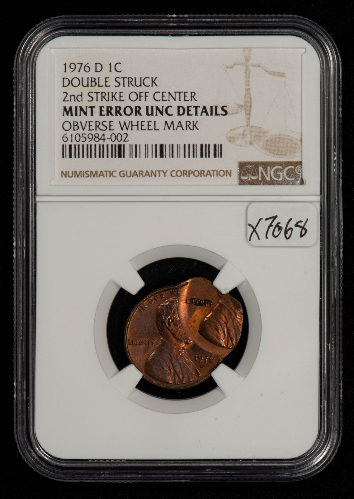 1976-D 1c Lincoln Memorial Cent Mint Error Double Struck - NGC UNC Dets - X7068