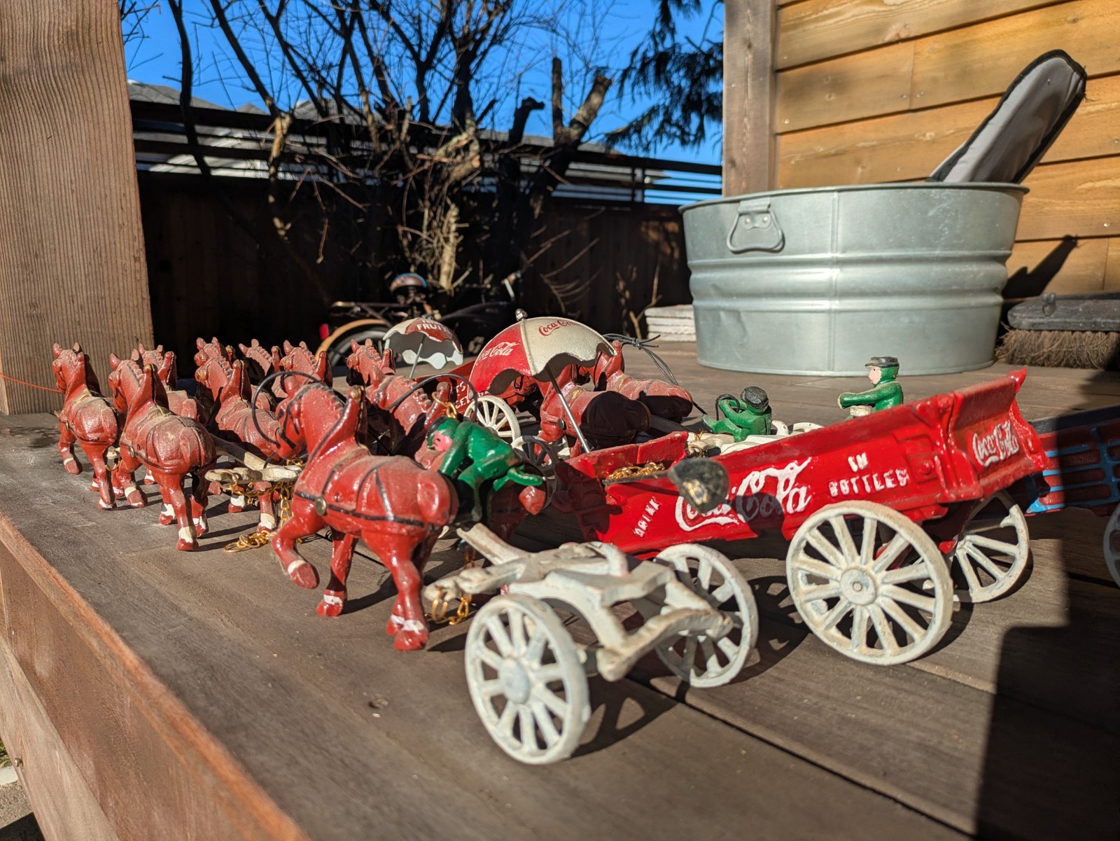 Vintage Cast Iron Coca Cola Horse Drawn Wagons With Umbrella & Cases (Read)