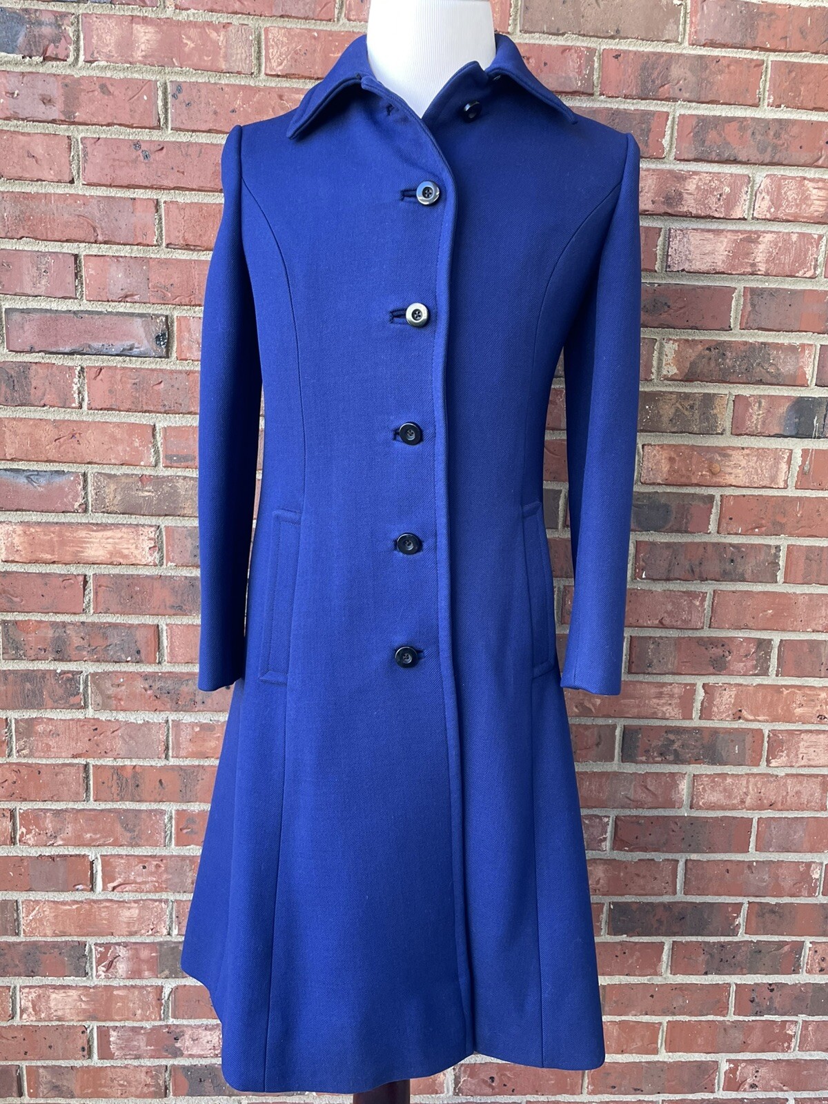 Vintage 70s Jean Louis United Airlines Wool Coat Satin-Lined Royal Blue Size S