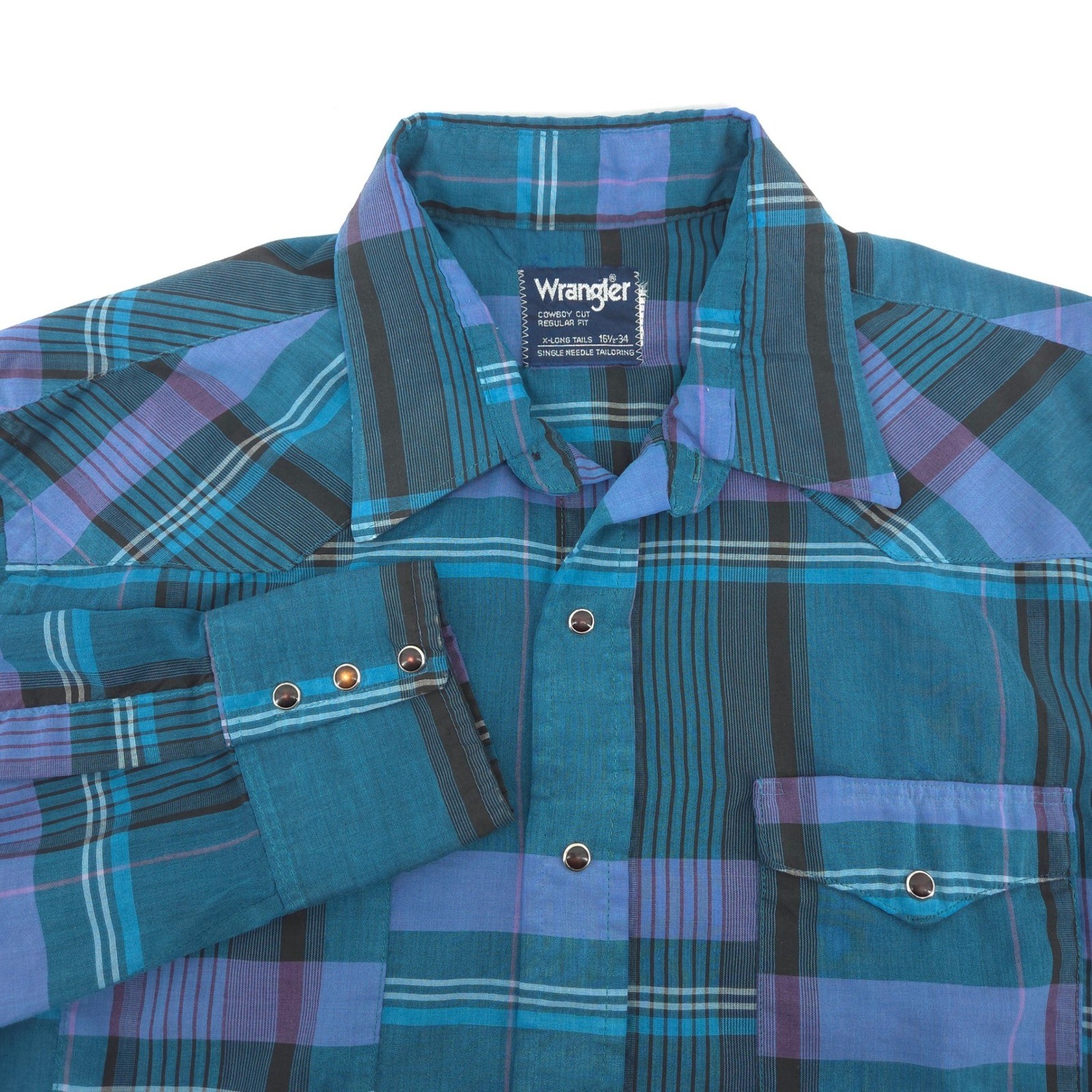 Wrangler Cowboy Cut Men 17.5 34 Western Pearl Snap Plaid long sleeve Teal Purple