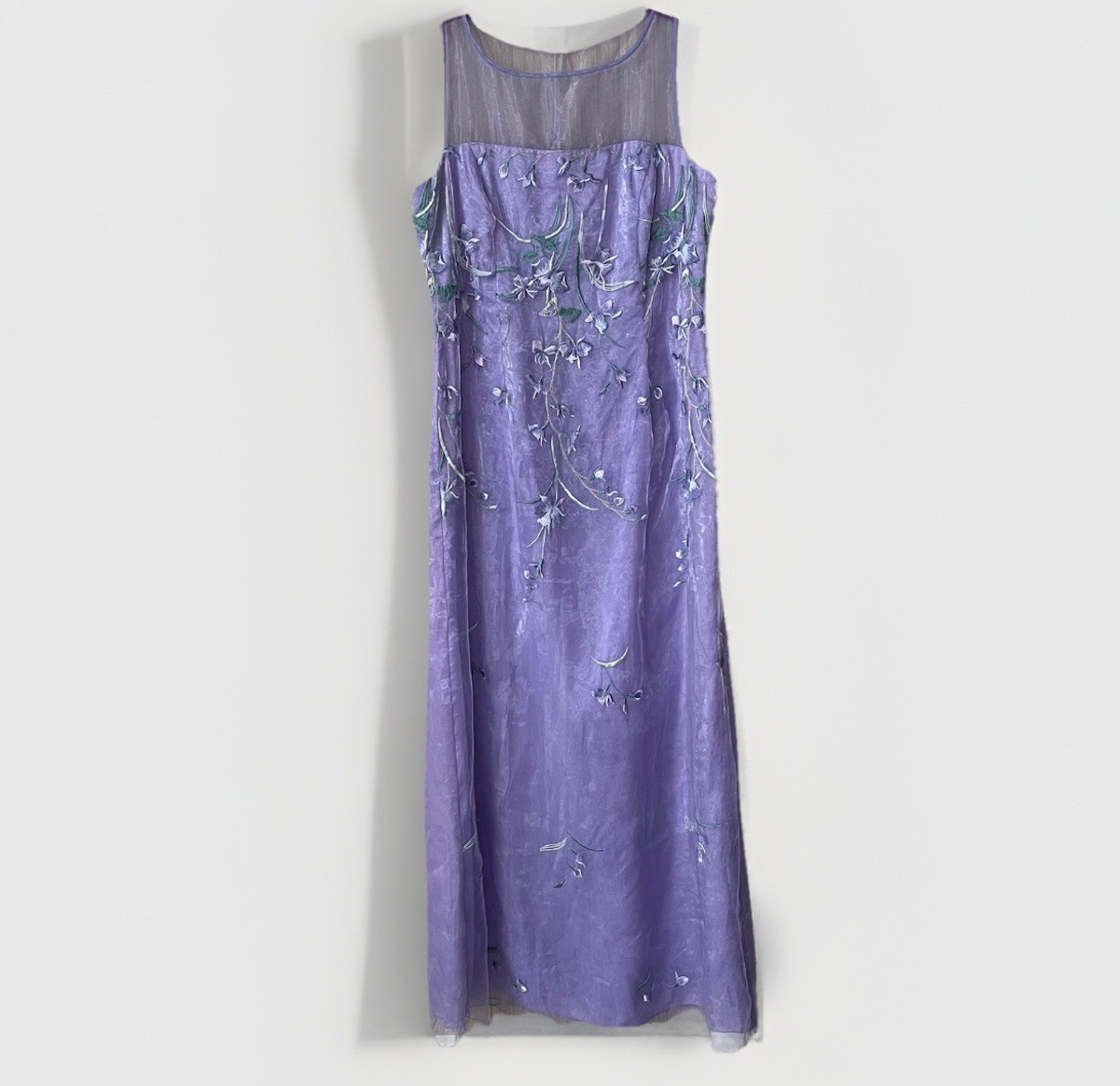 VTG Reggio Embroidered Iridescent Chiffon Maxi Dress Lilac Sz 14 Fairy Whimsy