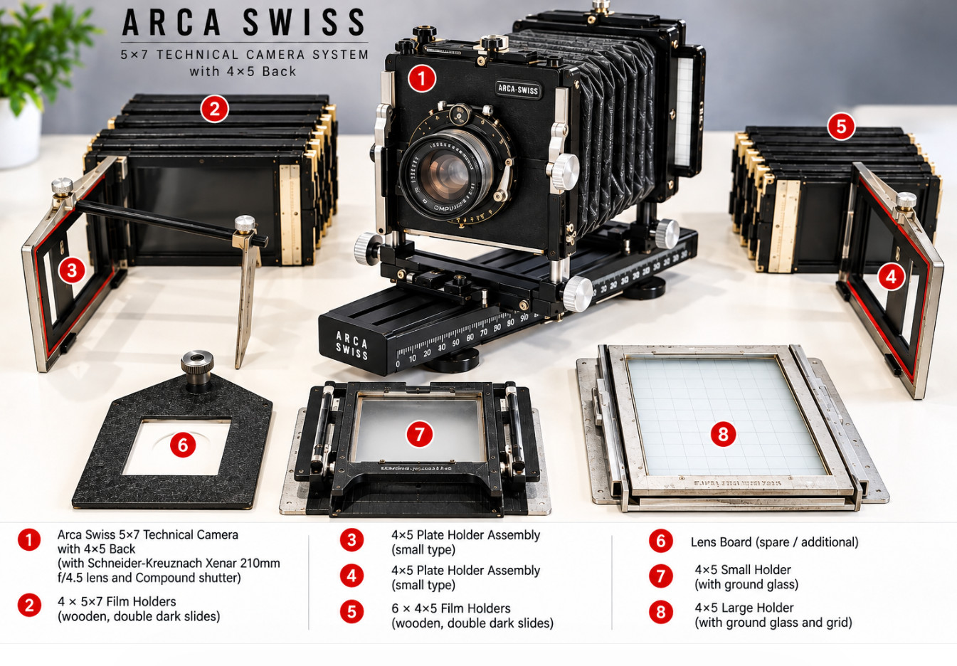 Arca-Swiss Model C 5×7 Technical Camera with 4×5 Back  Schneider Xena 210mm lens