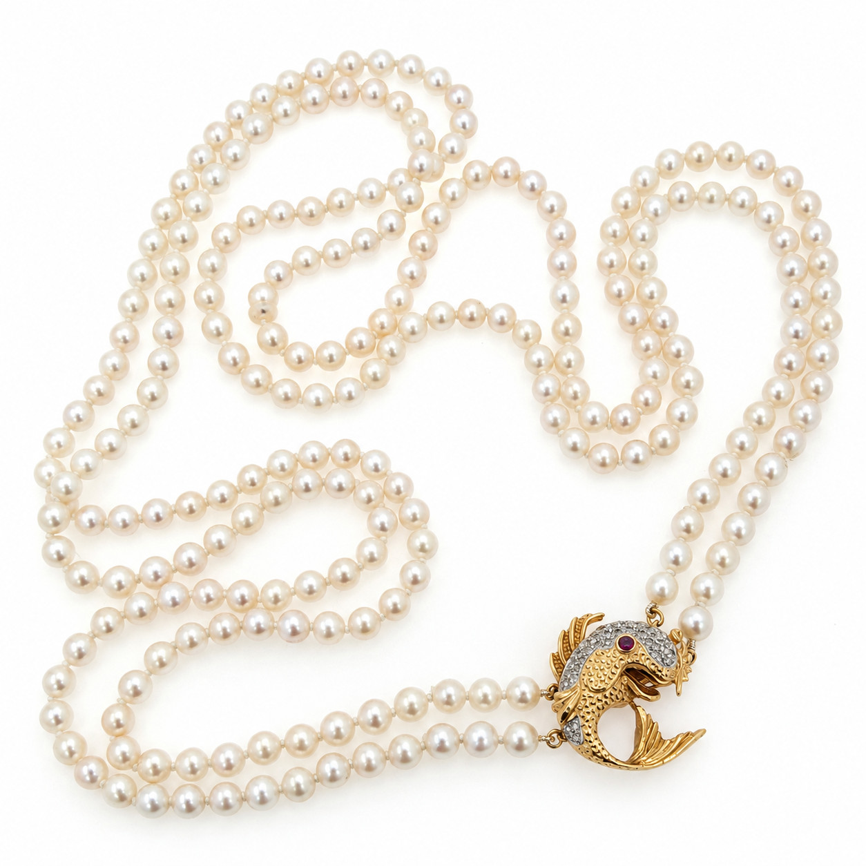 Vintage Mother of Pearl Necklace with Fish Pendant 14k Gold & Natural Diamonds