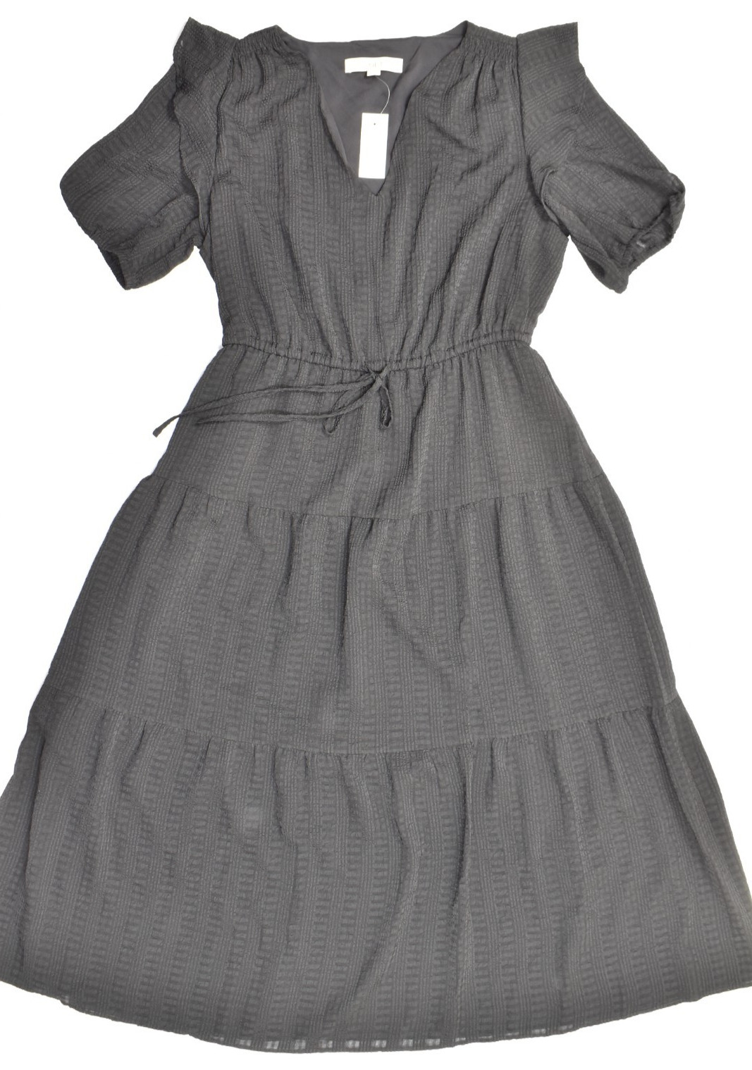 LOFT Dress Womens Medium Black Textured Tiered Short Sleeve V-Neck Midi NEW LOFT Dress Womens Medium Black Textured Tiered Short Sleeve V-Neck Midi NEW