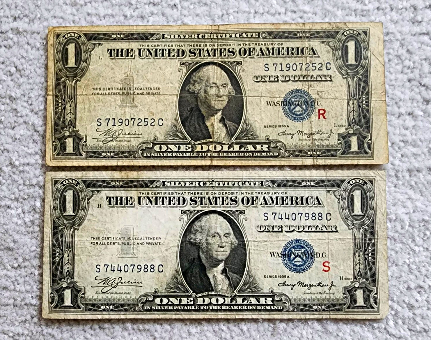 Set Of 1935 A Experimental Silver Certificates R And S Notes.