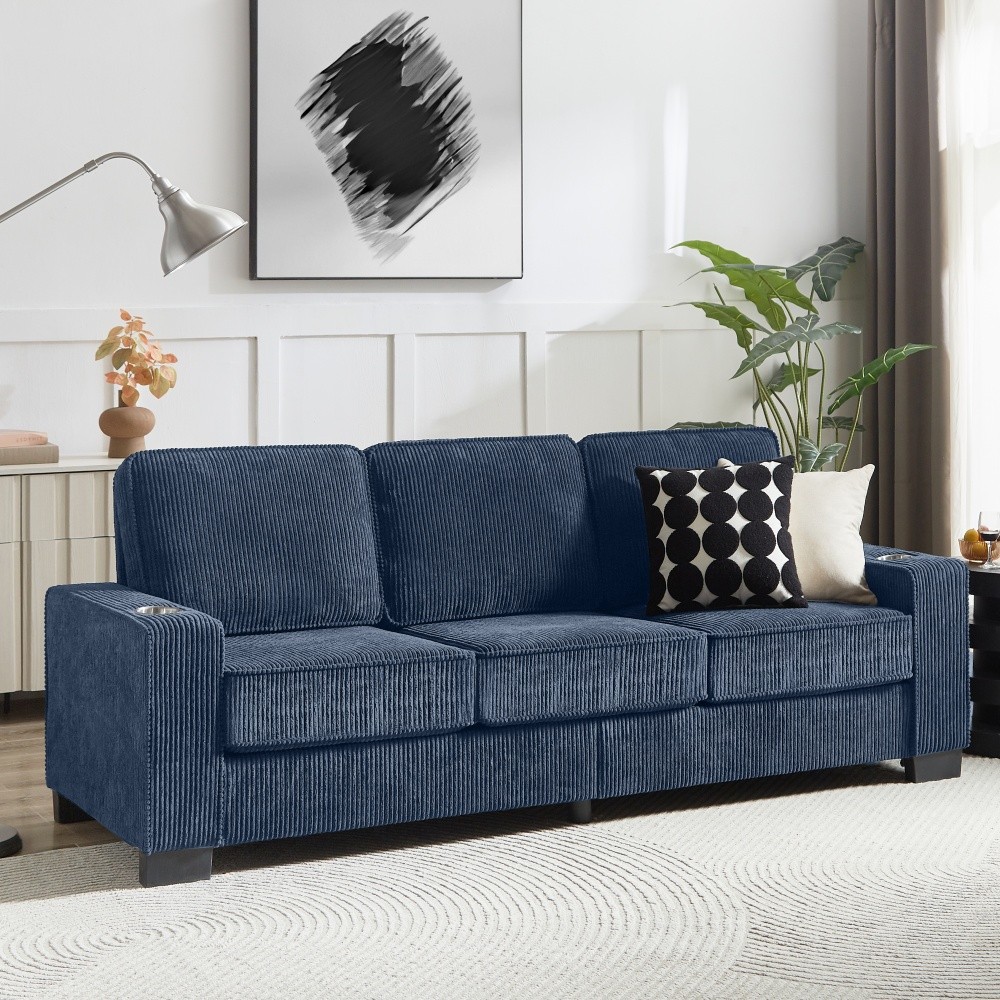 Corduroy Fabric sofa Modern Compressed Couch,3-Seater Sofa for Living Room Blue